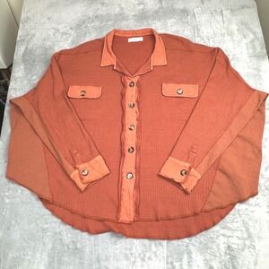 Orange Waffle Knit Button Down Shirt S Boho Oversized Lagenlook Coastal Grandma